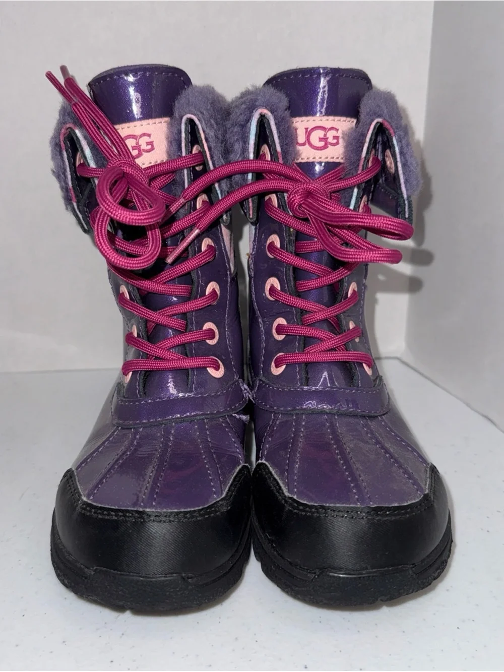 UGG Purple and Pink Kids Lace-Up Faux-Fur Winter Boots size 1